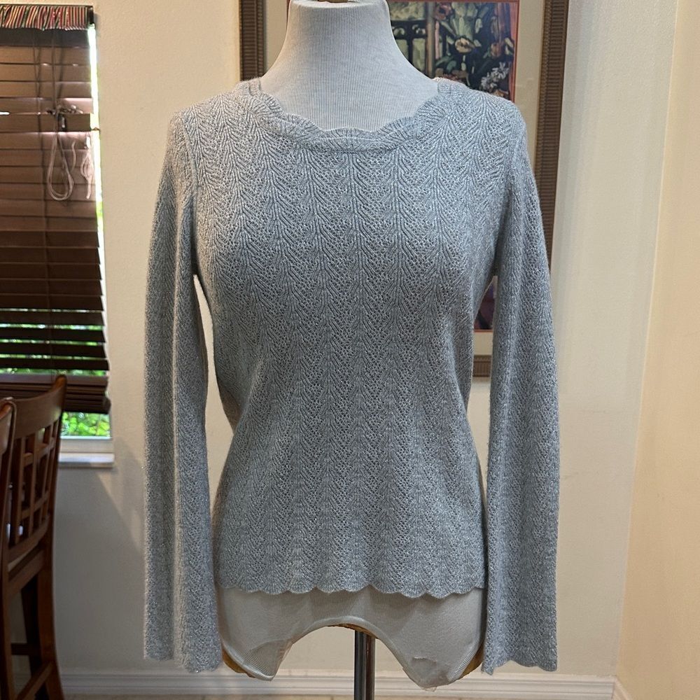 Ann Taylor Cashmere Gray Shimmer Sweater w/ Scalloped Trim Size SMALL PETITE